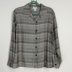 Vintage 90s Stunt Silk Beige Black Printed Long Sleeve Shirt M